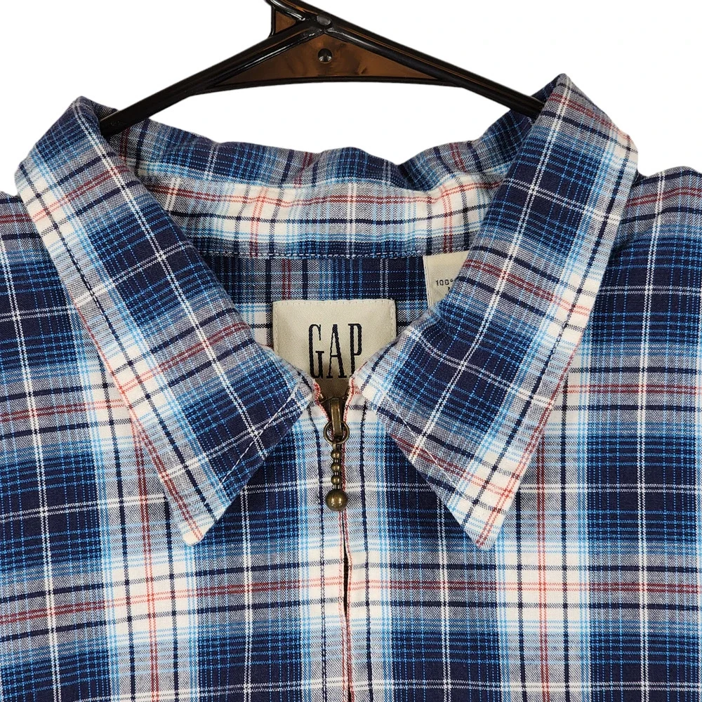 GAP Full Zip Shirt Jacket Shacket L Mens Plaid Blue White Red Cotton - Picture 4 of 13